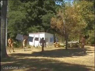 Steamy outdoor foursome gay orgy in the blokes Camp