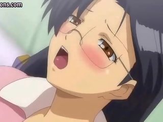 Anime with glasses rubbing her tits