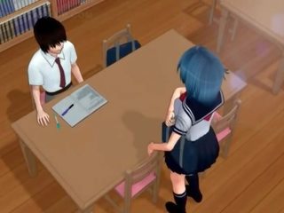 Lusty hentai schoolgirl fucks big dildo in library